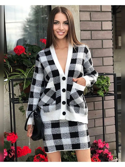 Damen Strickensemble Vorderer Knopfverschluss Gemustert Norvielle