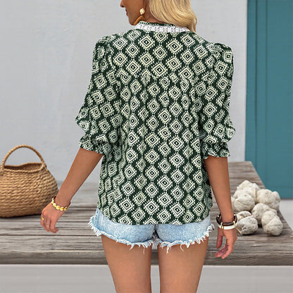Damen Bluse Baumwolle Blumenmuster Elastische Ärmel V-Ausschnitt