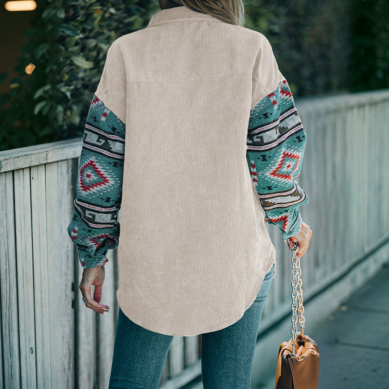 Damen Baumwollhemdjacke mit farbenfrohen Ärmeln und Taschen