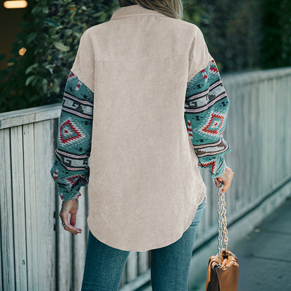Damen Baumwollhemdjacke mit farbenfrohen Ärmeln und Taschen