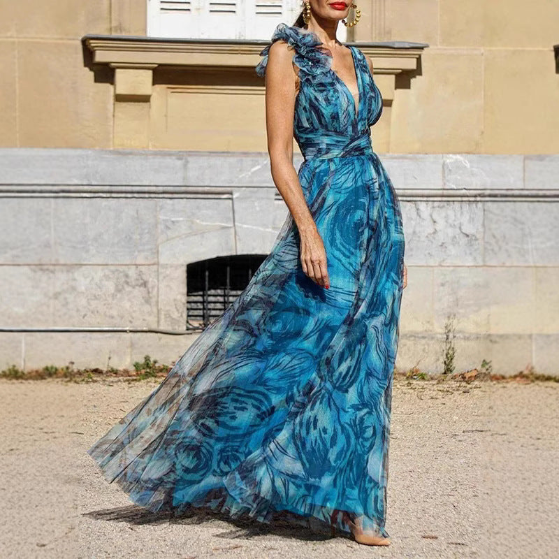 Damen Maxikleid aus Chiffon mit Rüschendetails blickdicht Schwarz - Norvielle