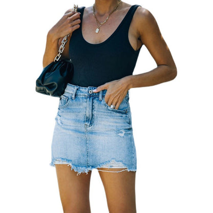 Damen Jeans-Minirock Used Look mit Fransen Hochbund