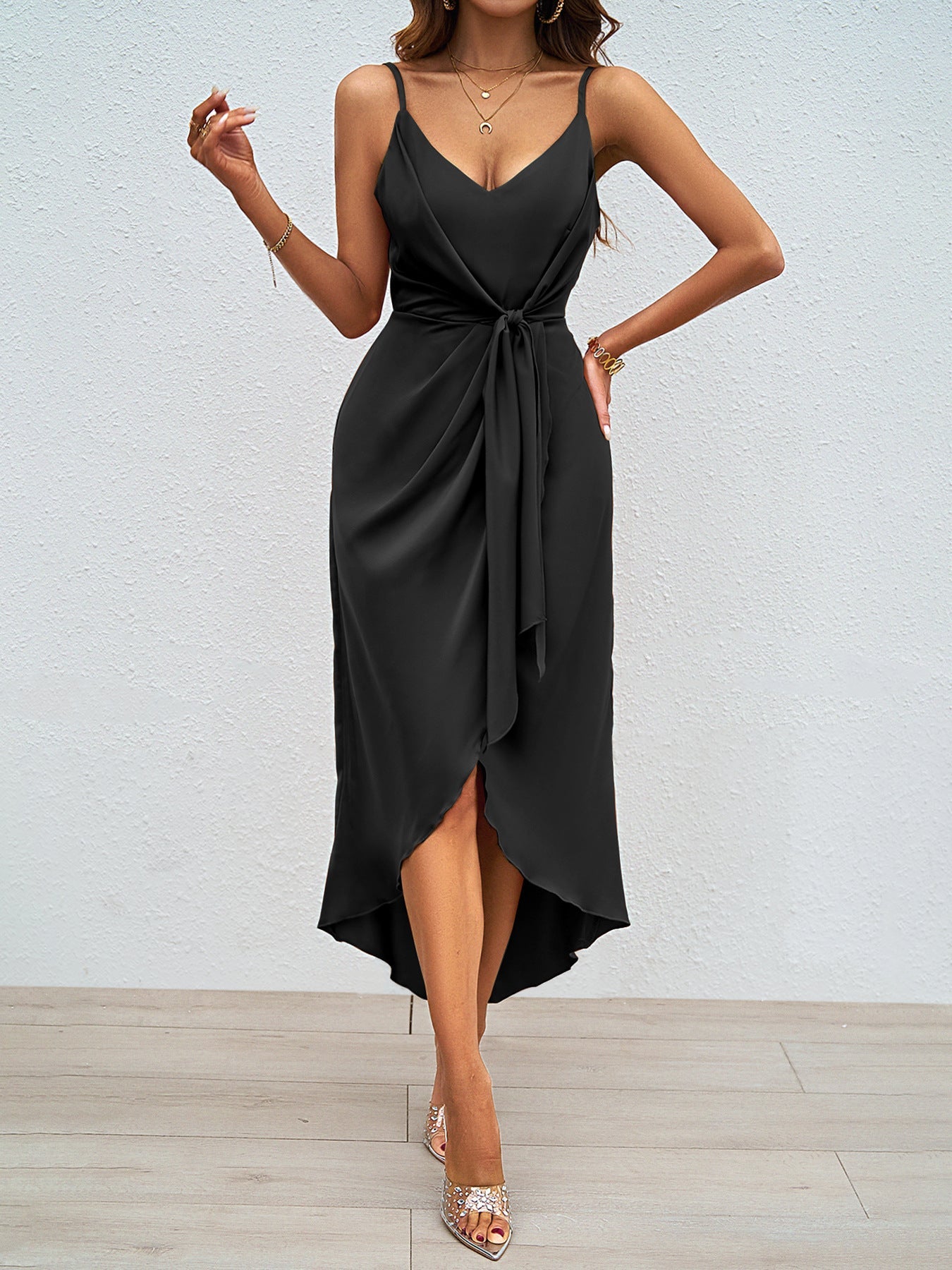 Damen Wickelkleid V-Ausschnitt Asymmetrischer Saum Norvielle