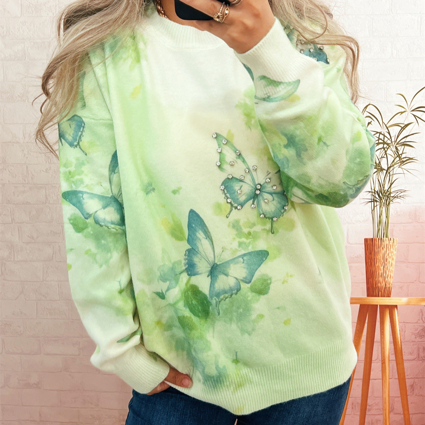 Damen Strickpullover Schmetterlings-Applikationen