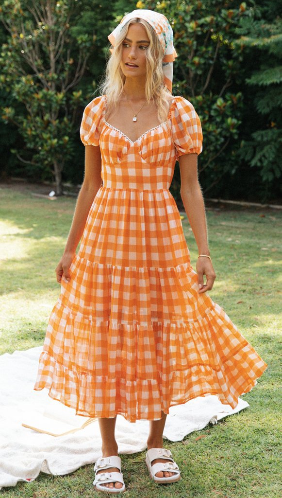 Damen Maxi-Kleid Rüschen Karomuster