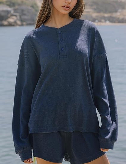 Damen Langarm-Pullover mit Knöpfen und Details aus Baumwolle Beige