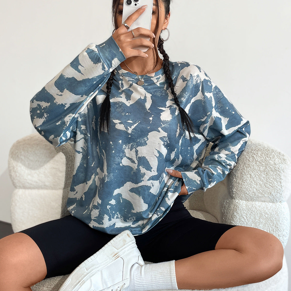Damen Sweatshirt Camouflage Muster Übergroß Schwarz Norvielle - Norvielle