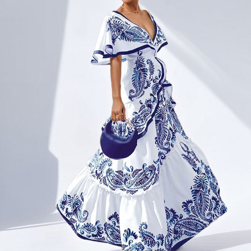Damen Maxikleid Voluminöse Ärmel Paisleymuster