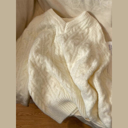 Damen Pullover Grobstrick V-Ausschnitt Zopfmuster Norvielle