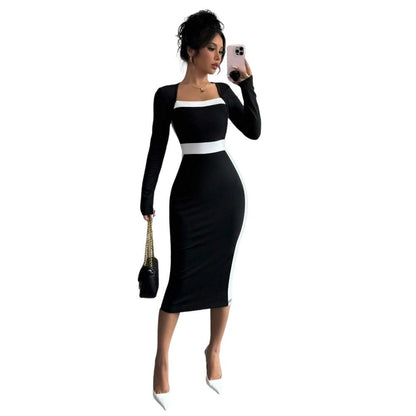 Damen Midi-Kleid Figurbetont Quadratischer Ausschnitt Kontrastakzente