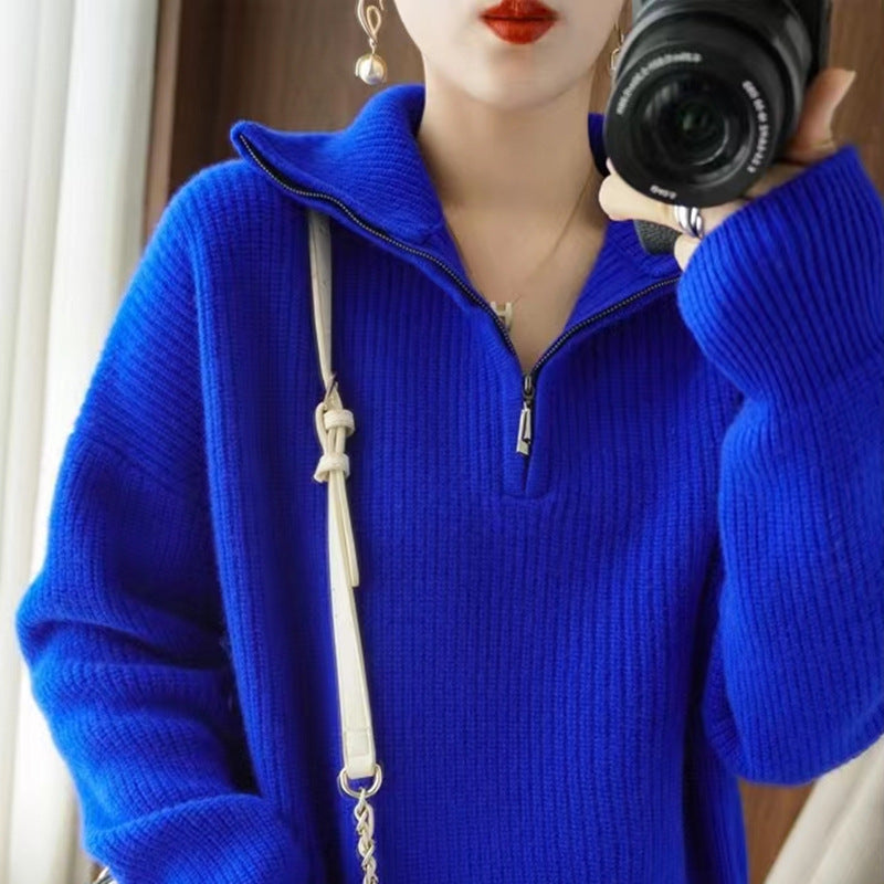 Damen Strickpullover Hochkragen Halbzipp Norvielle