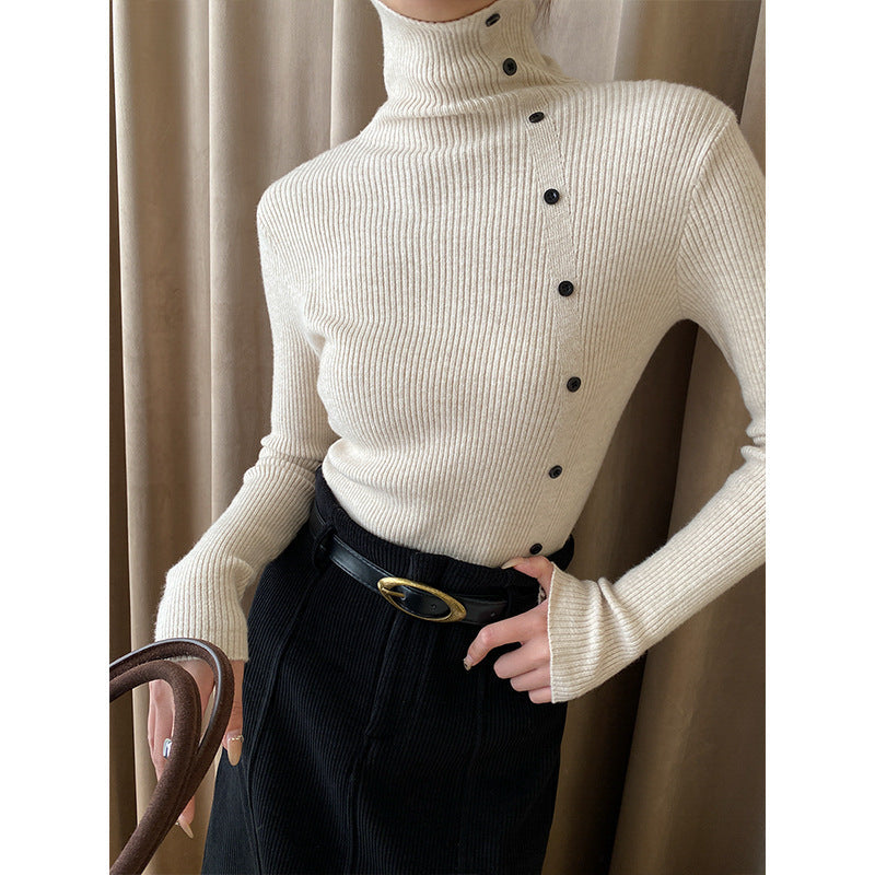 Damen Strickpullover Hoher Kragen Dekorative Knöpfe Beige - Norvielle