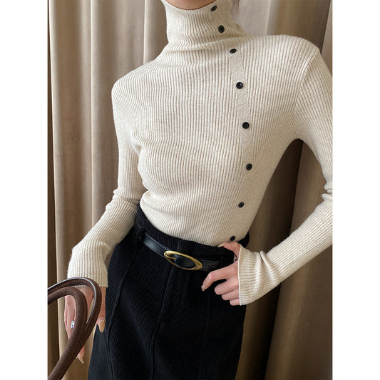 Damen Strickpullover Hoher Kragen Dekorative Knöpfe Beige - Norvielle