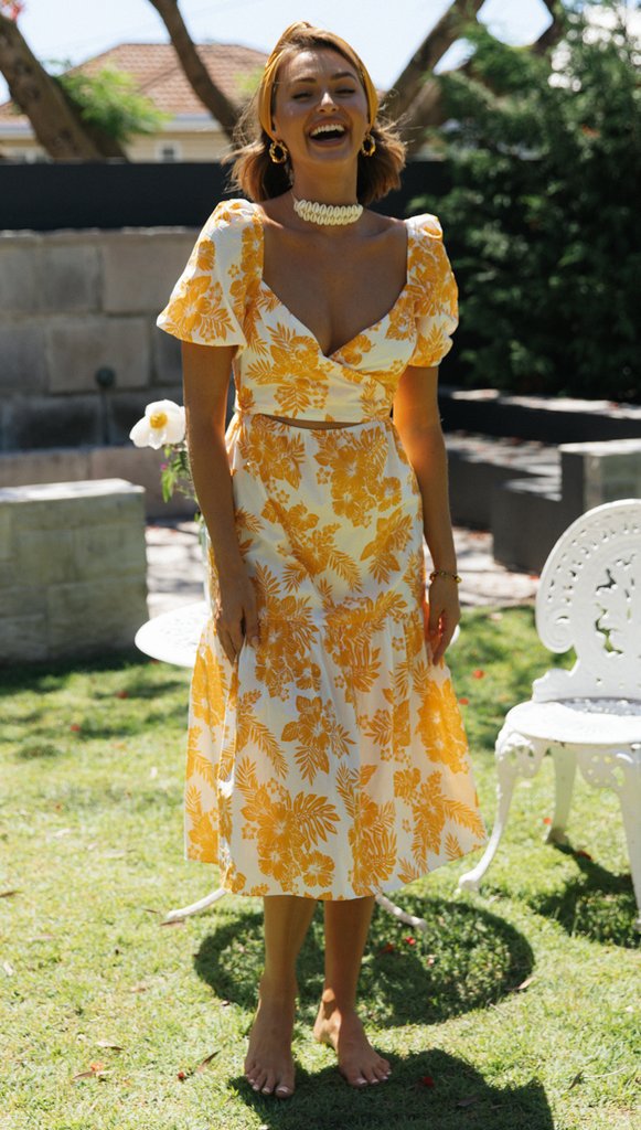 Damen Midi Kleid mit Wasserfall-Ausschnitt und Blumenmustern