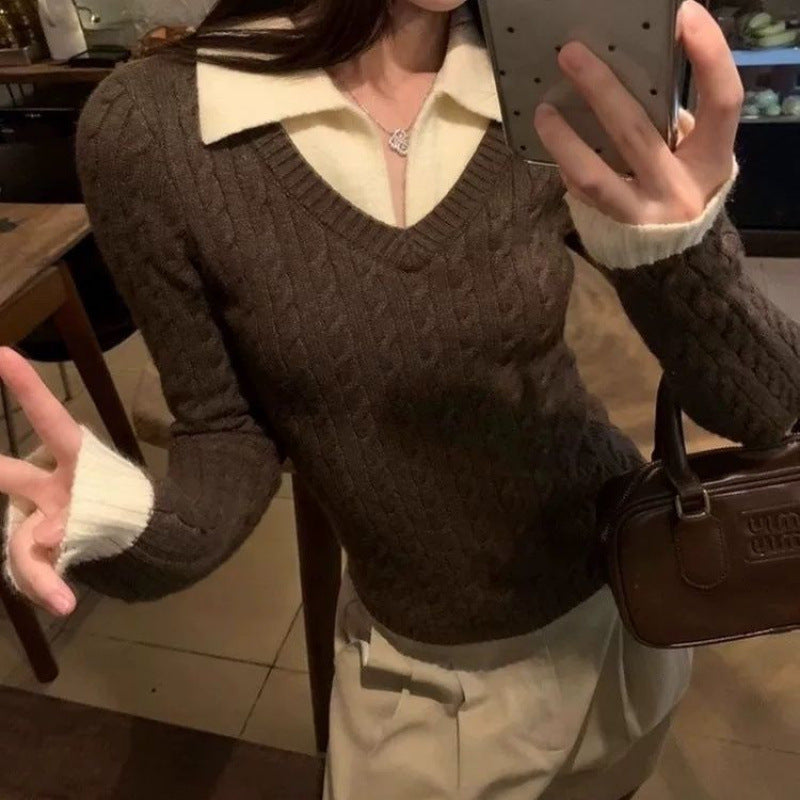 Damen Strickpullover mit Hemdkragen und Krawatte Ribbstruktur