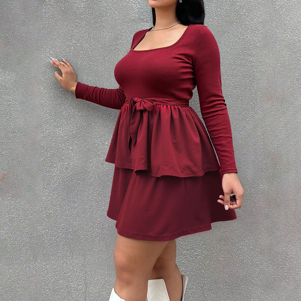 Damen Minikleid Quadratischer Ausschnitt Rüschen Taillenband