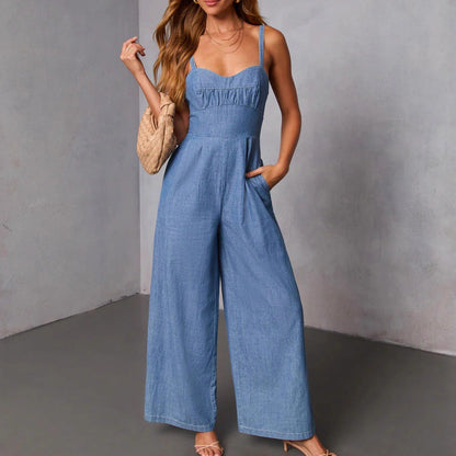 Damen Jeans-Jumpsuit Weites Bein Elegante Träger Schwarz - Norvielle