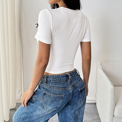 Damen Cropped T-Shirt mit Schleifenmotiv Weiß