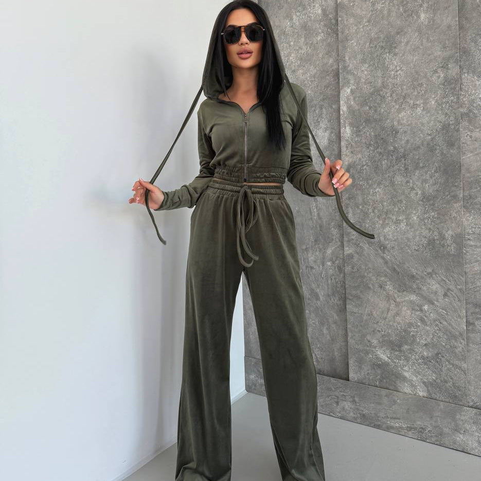 Damen Velours Lounge-Set Taillierter Hoodie Elastische Hose