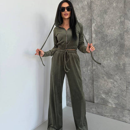 Damen Velours Lounge-Set Taillierter Hoodie Elastische Hose