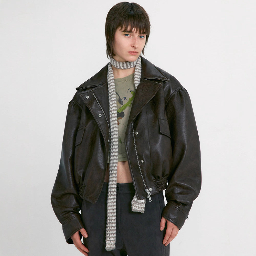 Damen Lederjacke Oversized Praktische Taschen Schwarz Norvielle - Norvielle