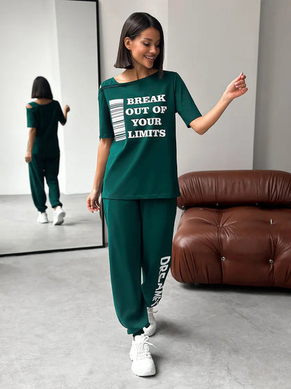 Damen Lounge-Anzug Sportlich Cut-Out-Ärmel Statement-Druck
