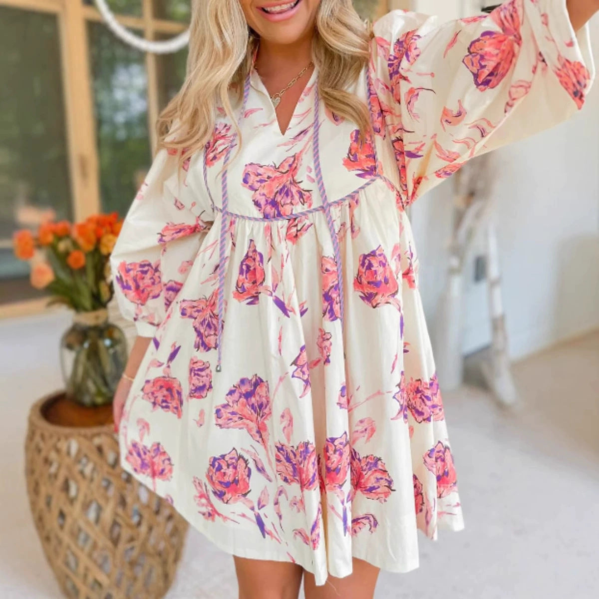Damen Sommerkleid V-Ausschnitt Ballonärmel Locker Sitzend - Norvielle