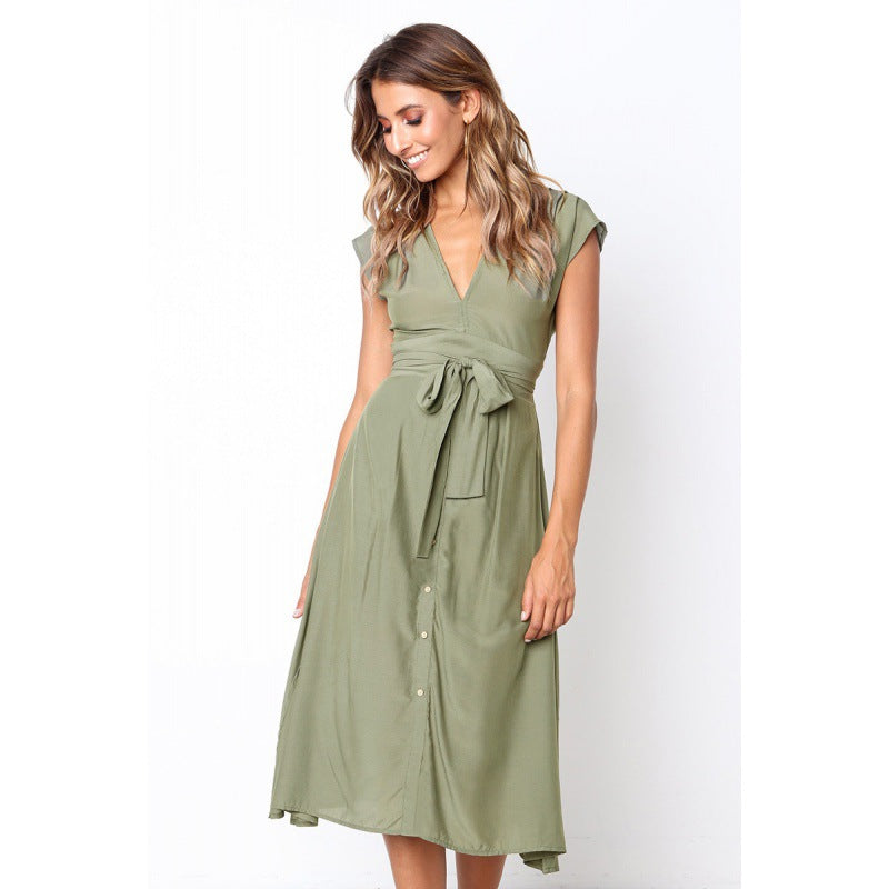 Damen Midi-Kleid V-Ausschnitt Taillengürtel
