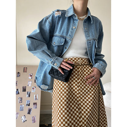 Damen Jeansjacke Used Look Große Taschen Norvielle - Norvielle