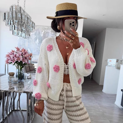 Damen Strickjacke Bunt Blumenapplikationen Norvielle
