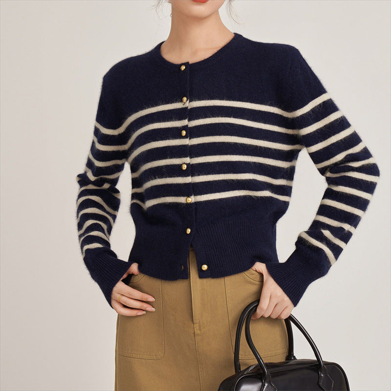 Damen Strickjacke Streifenmuster Dekorative Knöpfe Norvielle