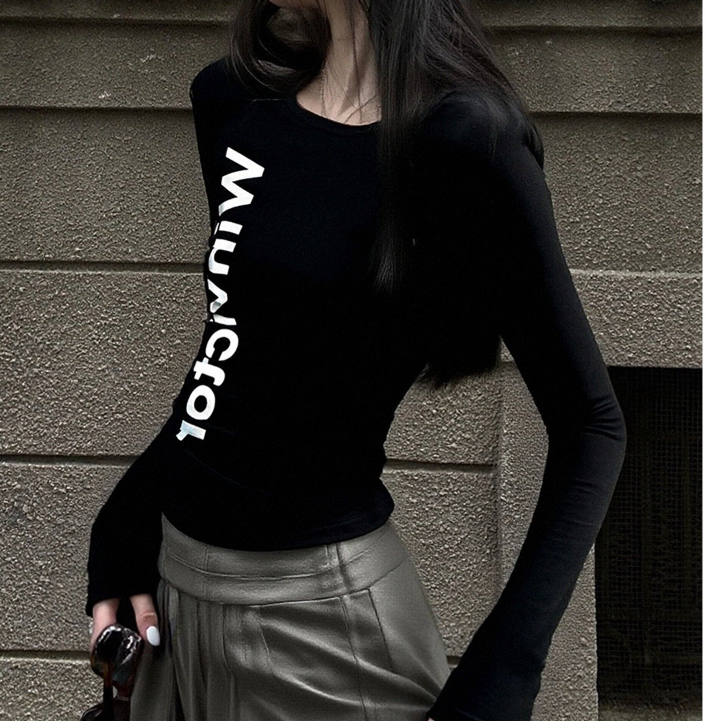 Damen T-Shirt Langarm Figurbetont mit Schriftzug