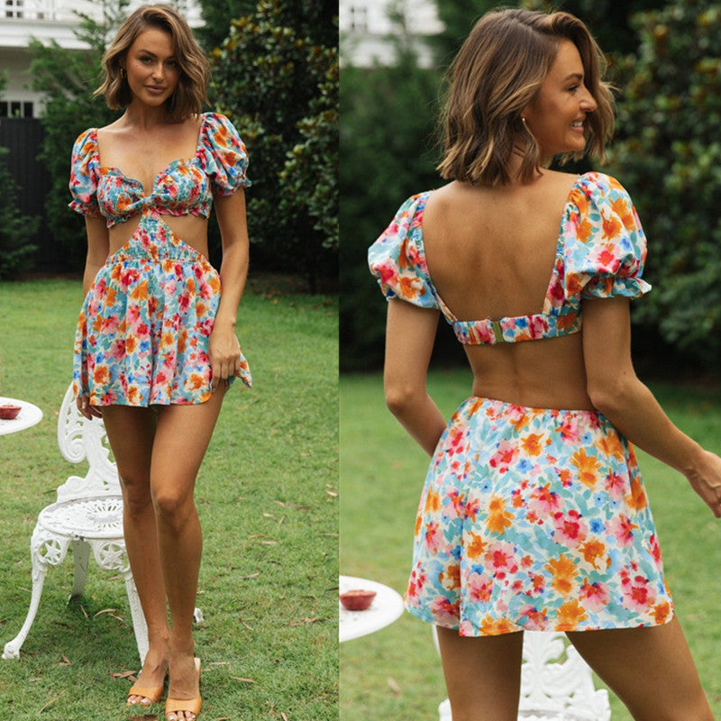 Damen Mini-Set Puffärmel Cut-Out-Details Sommerlich - Norvielle