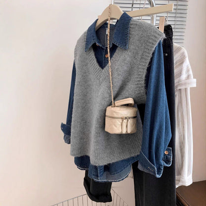 Damen V-Ausschnitt Strickpullover Lässiger Denim Look Blau - Norvielle