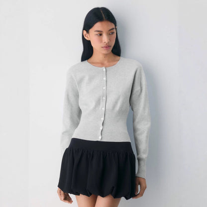 Damen Strickjacke Cropped Rippstrick Mit Knöpfen Beige
