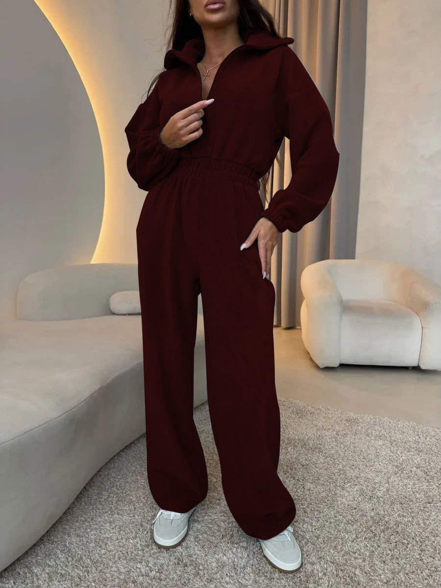Damen Sportlicher Jumpsuit High-Waist Verdeckter Reißverschluss