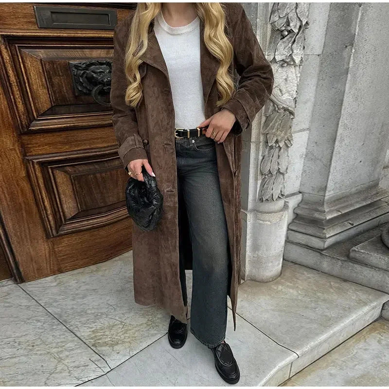 Damen Suede-Trenchcoat Elegantes Design Beige