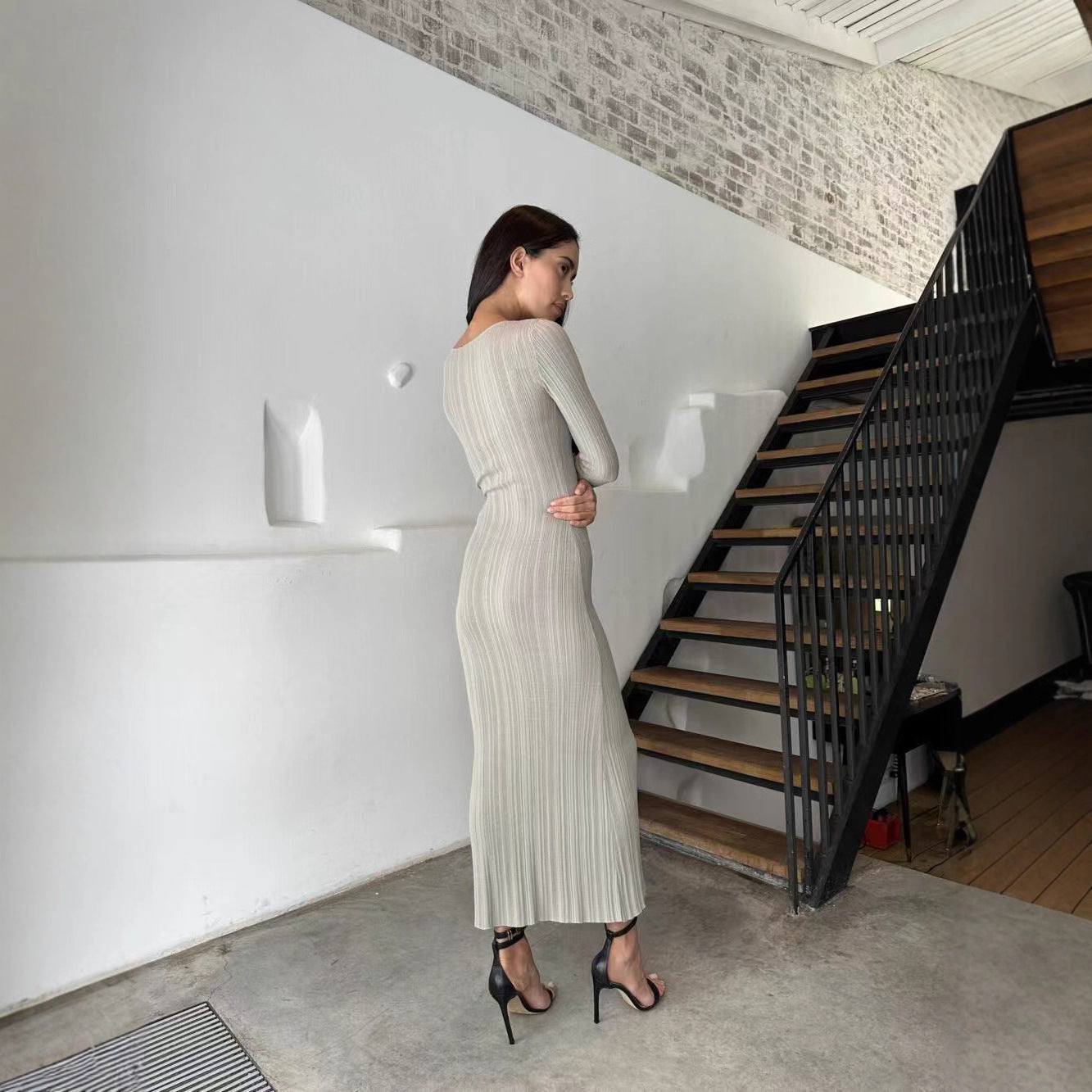 Damen Maxikleid Rippstrick Langärmlig Figurbetont