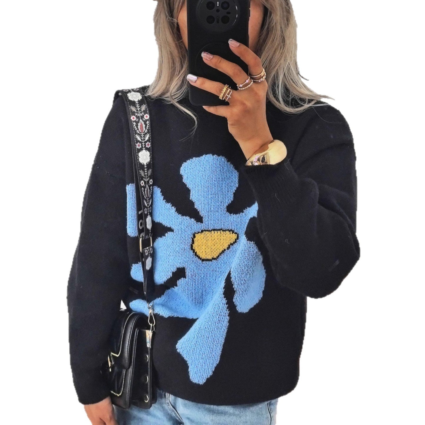 Damen Strickpullover Bunt Blumenmotiv Überschnittene Schultern