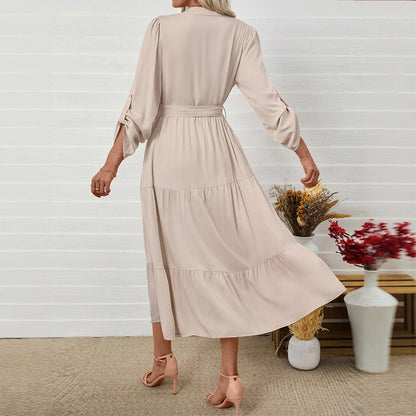 Damen Maxikleid V-Ausschnitt Taillierter Gürtel Norvielle