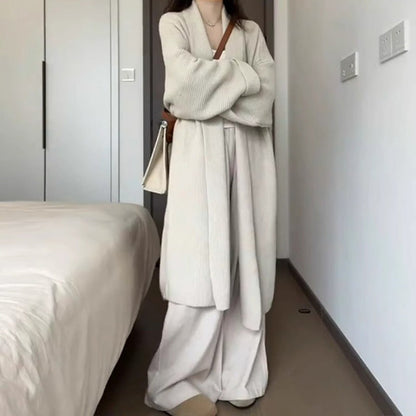 Damen Strickmantel Lang Ärmig Weich Beige