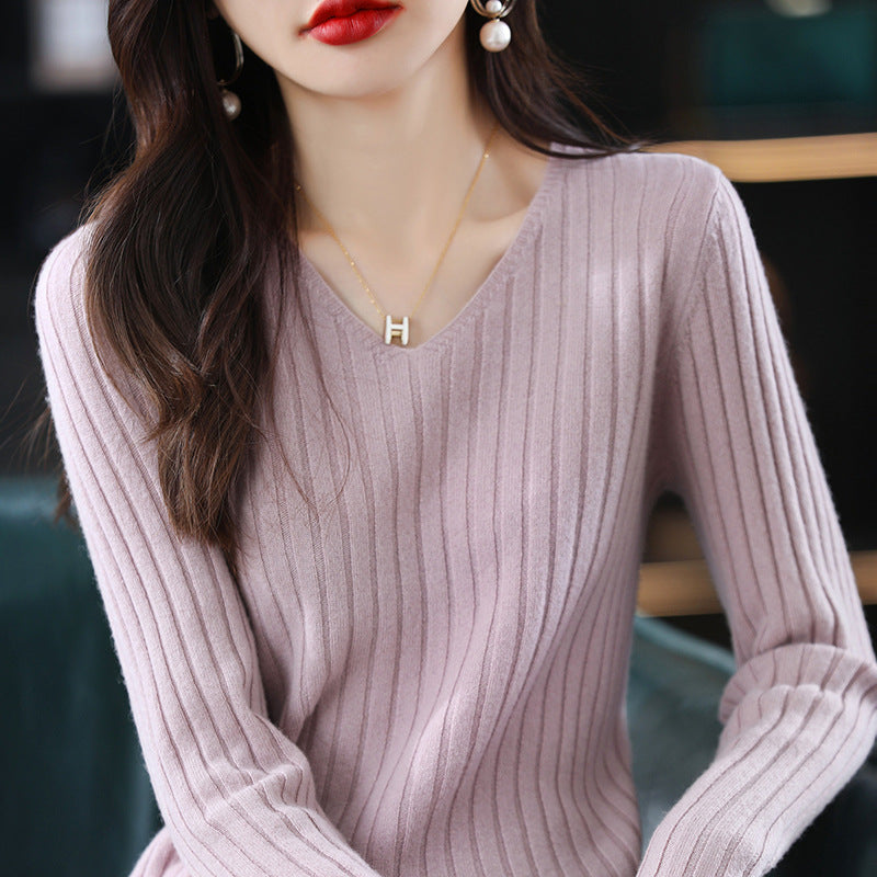 Damen Strickpullover V-Ausschnitt Feinripp