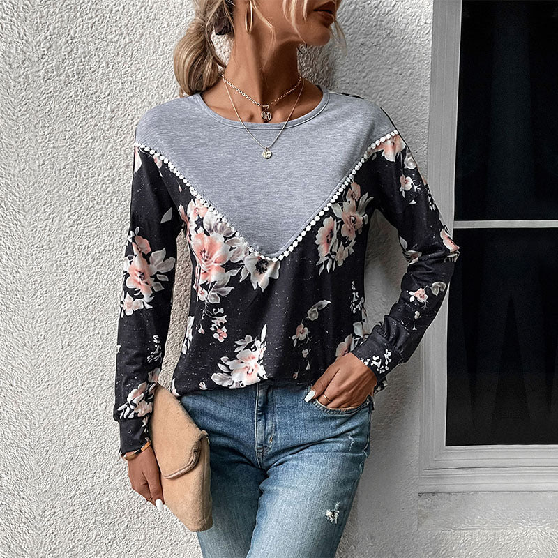 Damen Sweatshirt Floralmuster V-Ausschnitt Rüschen Schwarz Norvielle - Norvielle