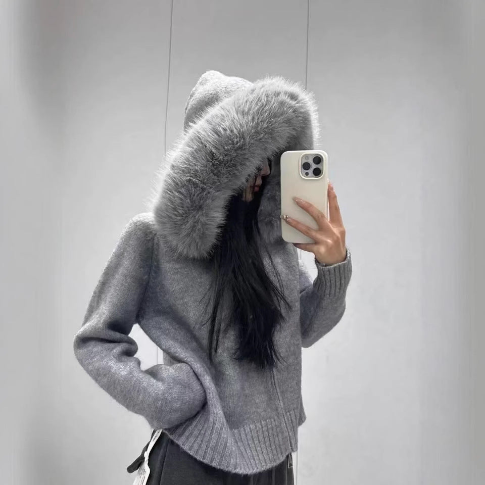 Damen Strickjacke Weich Kapuze Abnehmbar Beige