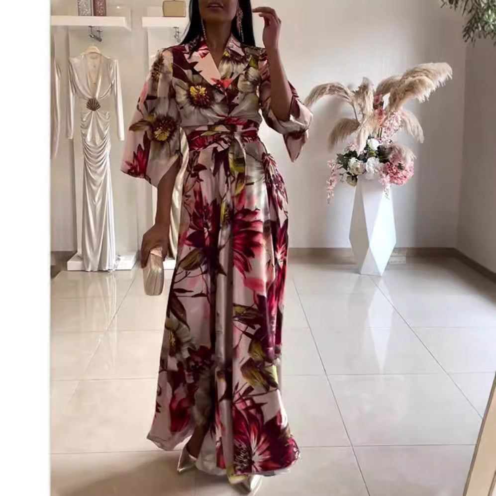 Damen Blumenkleid Tailliert Gürtel Weite Ärmel Norvielle - Norvielle