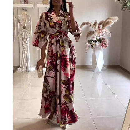 Damen Blumenkleid Tailliert Gürtel Weite Ärmel Norvielle - Norvielle