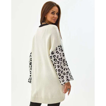 Damen Cardigan Extralang Tiermuster Knöpfe Beige