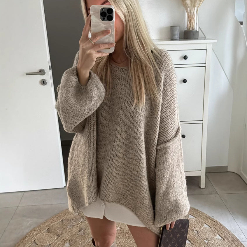 Damen Oversized Pullover Weich Voluminöse Ärmel Beige