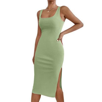 Damen Midi-Kleid Rippdesign Seitenschlitz