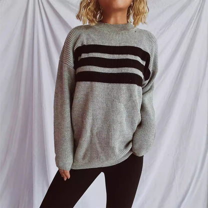Damen Strickpullover Oversized Horizontale Streifen Beige